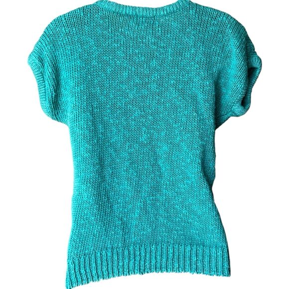 Vtg 80s KORET Turquoise Short Sleeve Pom Pom Cableknit Sweater Sz M Preppy Mom - Picture 3 of 15